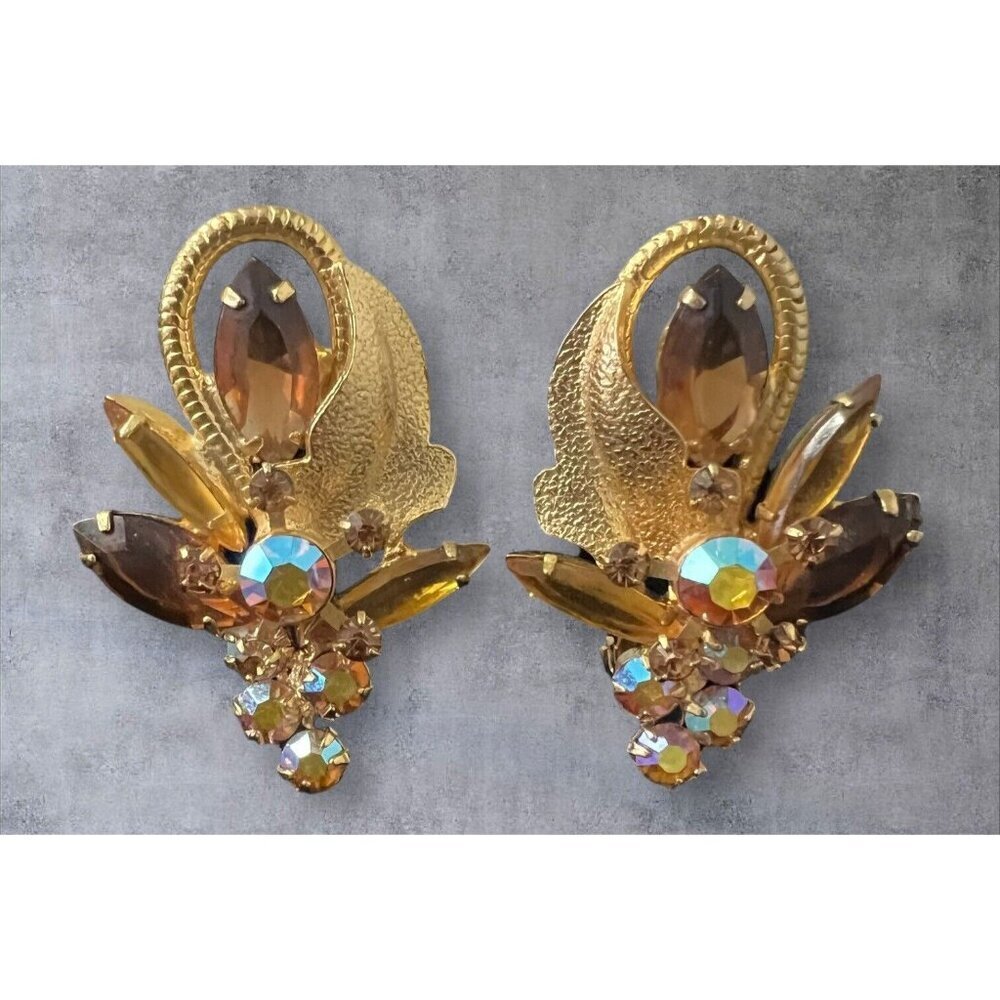 Vintage Juliana Topaz Brown Rhinestones Gold Leaf Clip On Earrings